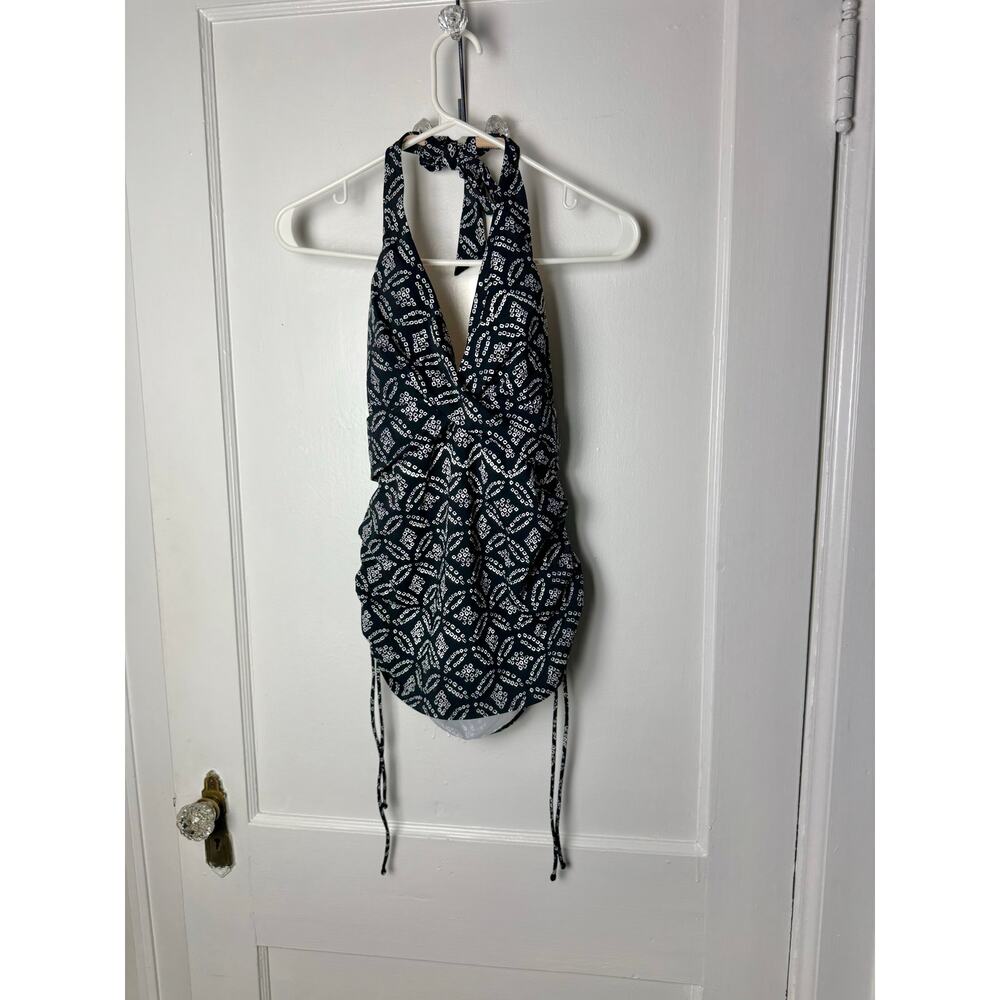 Lands' End Tankini Top Women's 10P Ruched Flattering Black White Halter Padded